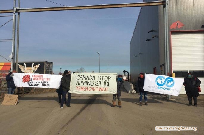 نشطاء مناهضون للعدوان على اليمن بمدينة هاميلتون الكندية يوقفون شاحنات تحمل أسلحة للسعودية